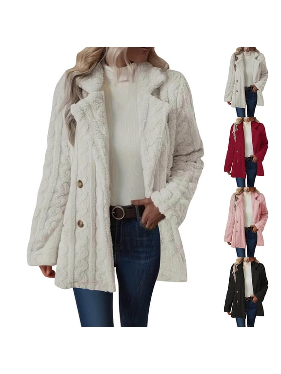 Fuzzy Fleece Jackets for Women Cable Textured Long Sleeve Notch Collar Button Down Long Teddy Coat Faux Fur Warm Winter Outwear