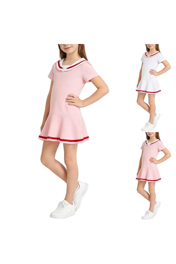 Girls Nautical Sailor Dresses School Uniform Casual Dress Short Sleeve Swing Mini Dresses Bach to School Dress 1-10 Years