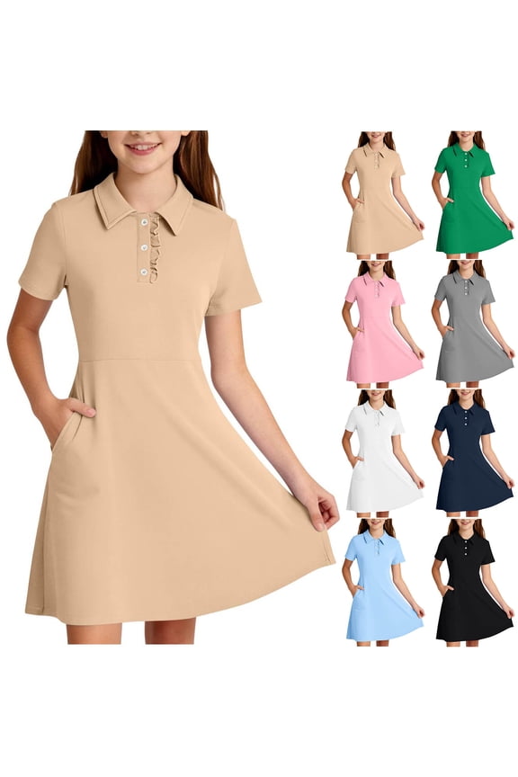 Girls Tennis Dress with Pocket 5-15Y Performance Short Sleeve Collar Button Up Athletic Dress Solid A Linen Dresses for Golf Dance