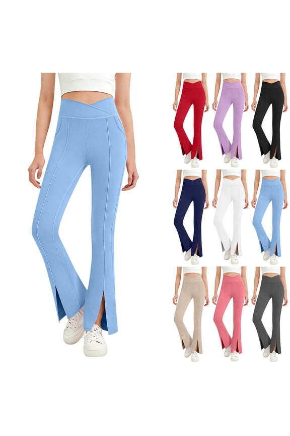 Girls V Crossover Flare Leggings with Pocket High Waist Split Hem Bell Bottom Pants Solid Slim Fit Workout Bootcut Pants 5-16Y