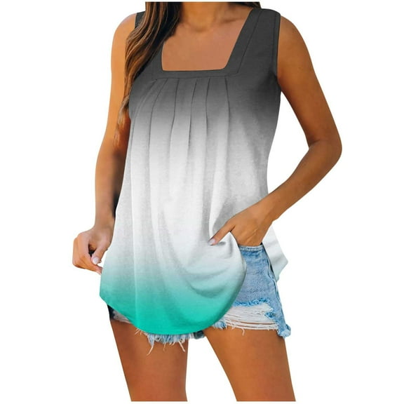 Wiyuqeen Gradient Color Tank Tops Women Summer Square Neck Sleeveless T-Shirts Fashion Pleated Flowy Hem Blouses Tops Loose Flowy Tunics
