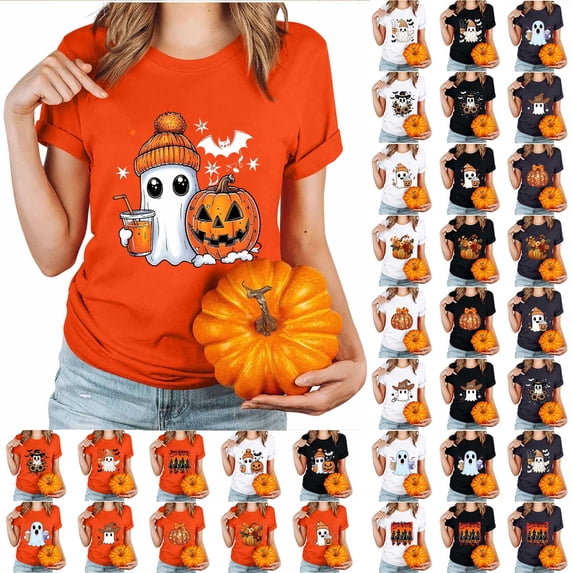 Wiyuqeen Halloween Shirts for Women Pumpkin Ghost Shirt Spooky Season Graphic Tees Halloween Party Clothes Vintage Short Sleeve Casual Tops Holiday Outfits