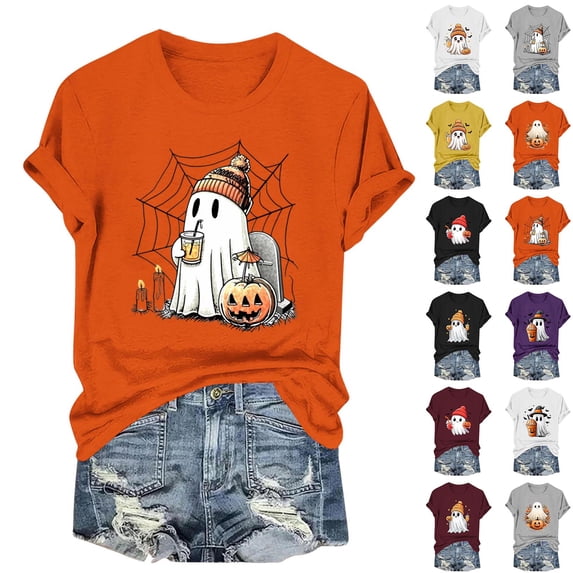 Wiyuqeen Halloween Shirts for Women Pumpkin Ghosts Short Sleeve Tops Thanksgiving Shirts Loose Fit T-shirts Casual Pumpkin Graphic Tees Crew Neck Festive Daily Wear
