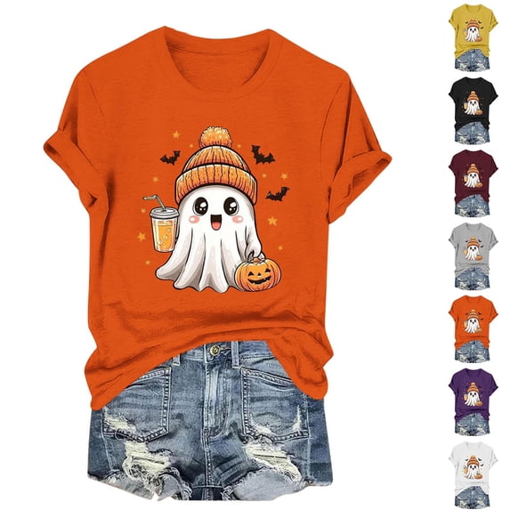Wiyuqeen Halloween Shirts for Women Pumpkin Ghost T-Shirt Casual Spooky Season Graphic Tee Holiday Outfits Crewneck Short Sleeve Spooky Tops