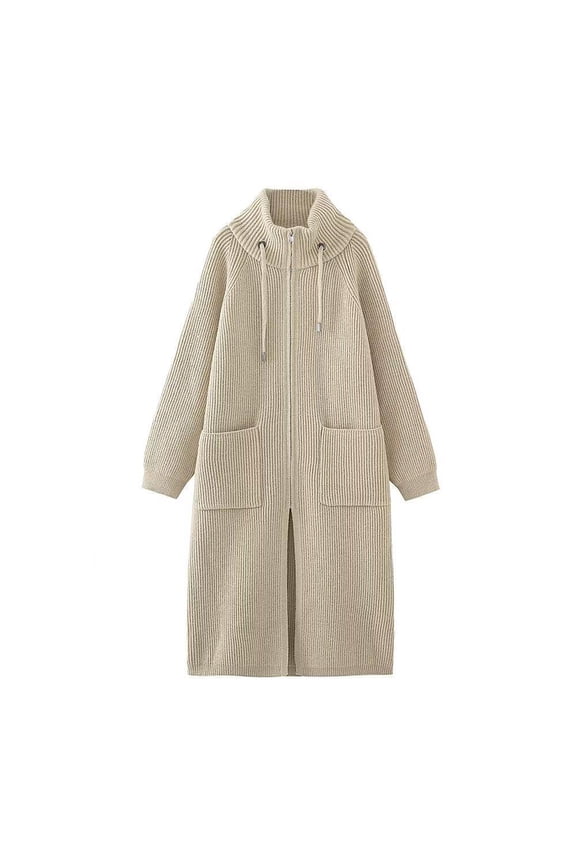 High Neck Sweater Jacket Womens Long Zip Up Knitted Coats Cute Casual Drawstring Sweater Coat with Pockets Plain Lightweight Knitted Outerwear