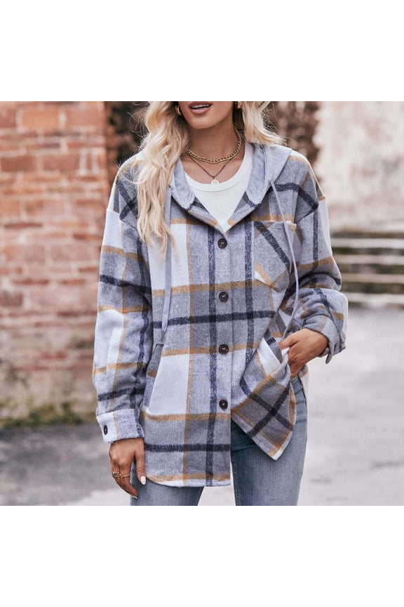 Hood Plaid Jackets for Women Soft Trendy Drawstring Long Sleeve Coats with Pockets Elegant Casual Button Down Outerwear