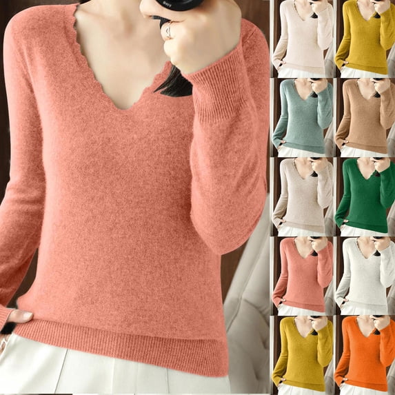 Wiyuqeen Knitted Tops for Women Long Sleeve V Neck Pullover Tops Solid Slim Fit Fall T Shirts Lightweight Sweaters for Ladies