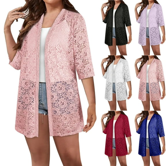 Wiyuqeen Lace Kimonos for Women Hollow Out Swim Cover Up Summer Beach Coverup Open Front Sheer Kimono Cardigan Lightweight Long Cardigans
