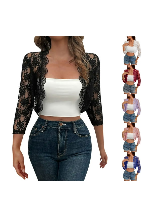 Lace Shrug for Women 3/4 Sleeve Floral Hollw Out Bolero Cardigans Open Front Elegant Crop Cardigans Wedding Guest Shrug