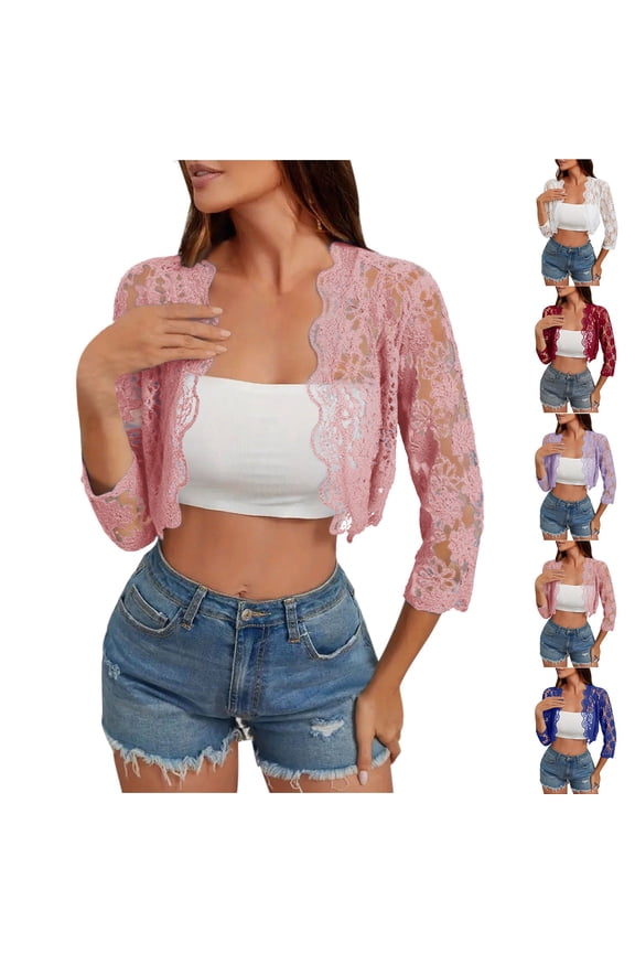 Lace Shrug for Women 3/4 Sleeve Floral Hollw Out Bolero Cardigans Open Front Elegant Crop Cardigans Wedding Guest Shrug