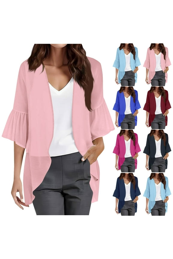 Lightweight Cardigans for Women 3/4 Ruffle Sleeve Kimono Cardigans Open Front Solid Chiffon Cover Ups Casual Cardigans