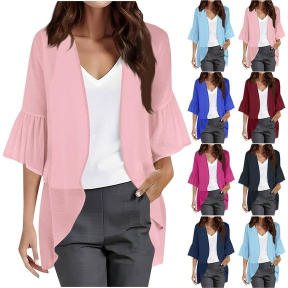 Wiyuqeen Lightweight Cardigans for Women 3/4 Ruffle Sleeve Kimono Cardigans Open Front Solid Chiffon Cover Ups Casual Cardigans