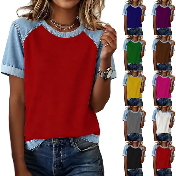 Wiyuqeen Lightweight Denim Shirt Women Crew Neck Raglan Short Sleeve Patchwork Tops Casual Color Block Shirts Camisa Jeans Para Mujer