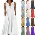 thumbnail image 1 of Wiyuqeen Linen Dresses for Women Sleeveless Button V Neck Midi Dresses Solid Flowy A Line Dresses Casual Beach Holiday Dress with Pocket, 1 of 5