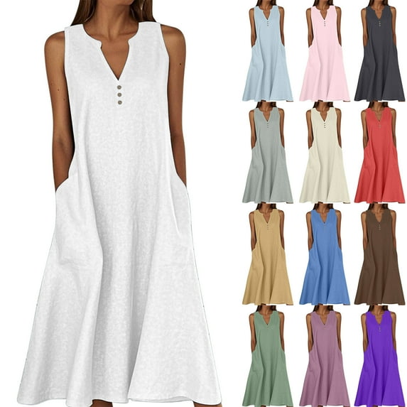 Wiyuqeen Linen Dresses for Women Sleeveless Button V Neck Midi Dresses Solid Flowy A Line Dresses Casual Beach Holiday Dress with Pocket
