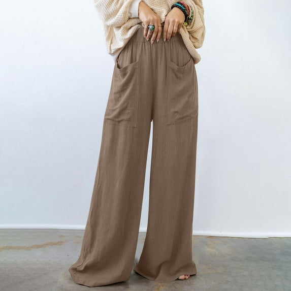 Wiyuqeen Linen WiLeg Pants Women Loose Casual Elastic High Waist Trousers with Pocket Boho Flowy Pants Summer Beach Wear Palazzo Pant