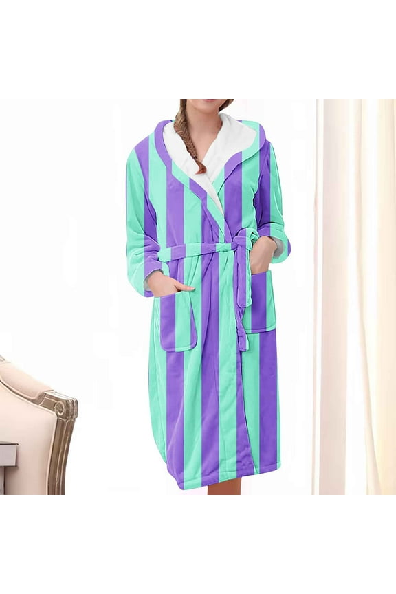 Long Fleece Robe for Women Comfy Strip Print Plush Bathrobe with Pockets Winter Warm Soft Spa Long Robes Hooded Long Sleeve Belted Sleepwear Housecoat