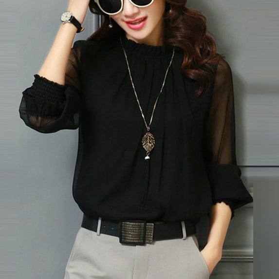 Wiyuqeen Long Mesh Sleeve Blouses for Women Elegant Mock Neck Tshirts Dressy Casual Smocked Sleeve Tunics Lightweight Baggy Flowy Tops