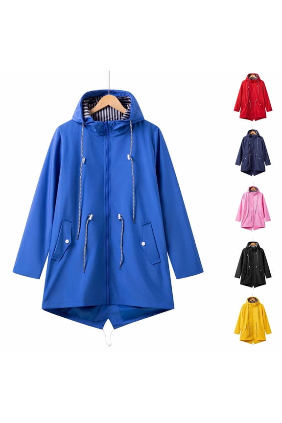 Long Rain Jacket for Women Waterproof Windbreaker Travel Jacket Oversized Full Zip Solid Raincoats with Hood Pockets