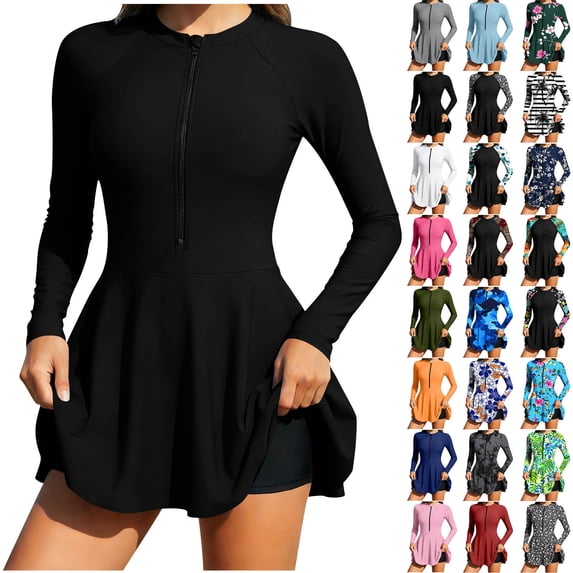 Wiyuqeen Long Sleeve Swimsuits for Women UPF 50+ Swim Dress Swimwear One Piece Bathing Suit with Skirts Zipper Front Graphic Rash Guard