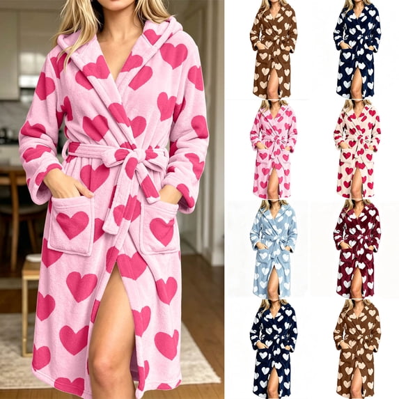 Wiyuqeen Love Heart Print Robes for Women Fleece Hooded Bathrobe Soft Fuzzy Sleepwear Warm Plush Fluffy Bath Robe with Pocket S-XXL