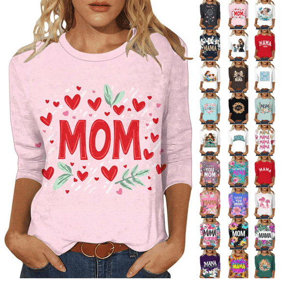 Wiyuqeen Mama Tshirt for Women 3/4 Sleeve Mother's Day Shirts Crew Neck Funny Letter Print Tops Vintage Holiday Blouses Plus Size Summer Tees