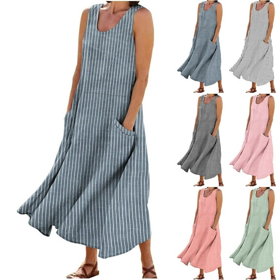 Wiyuqeen Maxi Dresses for Women 2025 Striped Sleeveless Linen Dresses Scoop Neck Solid Lounge Dresses Summer Beach Dresses with Pockets