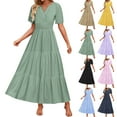 thumbnail image 1 of Wiyuqeen Maxi Dresses for Women V Neck Short Sleeve A Line Dresses Solid Smocked Tiered Dresses Lightweight Summer Holiday Dresses, 1 of 7