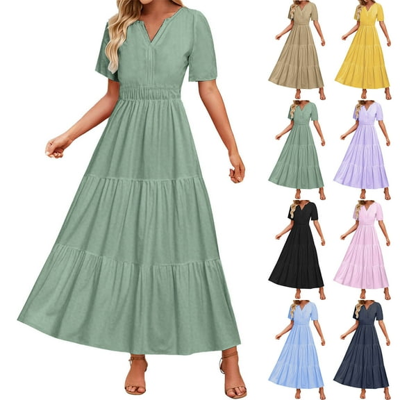 Wiyuqeen Maxi Dresses for Women V Neck Short Sleeve A Line Dresses Solid Smocked Tiered Dresses Lightweight Summer Holiday Dresses
