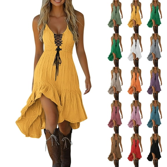 Wiyuqeen Medieval Dress for Women V Neck Lace Up Spaghetti Strap Dresses Ruffle High Low Hem Midi Dress Vintage Halloween Outfits