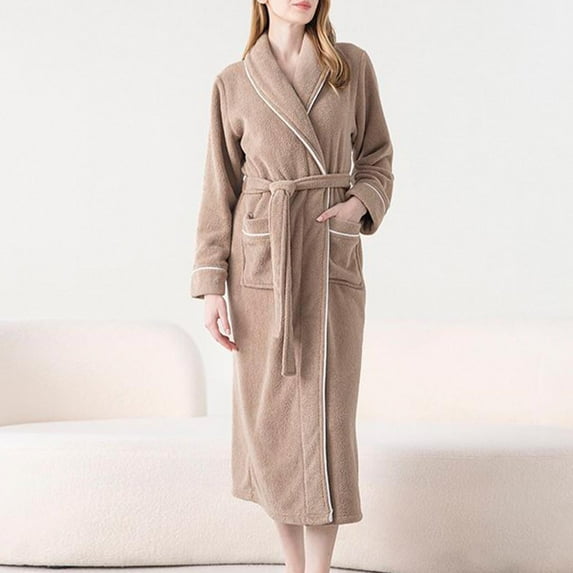 Wiyuqeen Men Women Plush Robe Solid Color Robe with Pockets Casual Warm Shawl Collar Bathrobe with Belt Fuzzy Long Robe Fluffy Loungewear