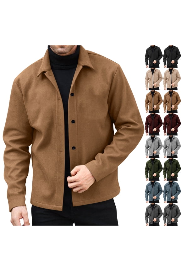 Men's Wool Blend Shirt Jacket Long Sleeve Casual Button Down Shirts Shacket Lapel Collar Solid Jacket Coats with Pockets