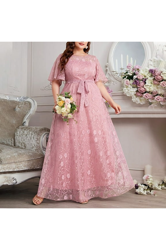 Mother of Bride Dresses for Women Plus Size Lace Ruffle Short Sleeve Evening Dresses Elegant Chiffon Prom Gown with Blet