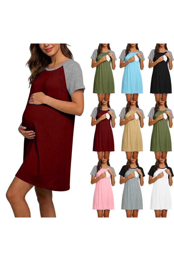 Nursing Dress for Women Summer Short Sleeve Breastfeeding Casual Knee Length Maternity Dresses Crew Neck Color Block Soft Comfy Pregnancy Nightgowns