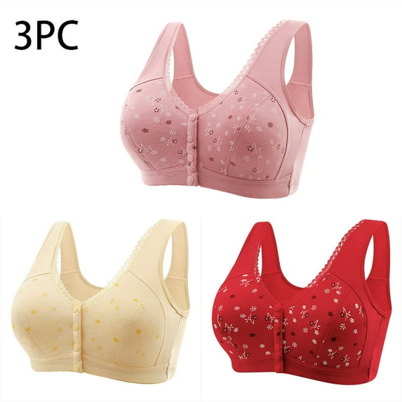 Wiyuqeen Old Womens Plus Sized Snap Front Bras Lace Trim Bralette Bras Casual Floral Print Push-up Bras Ladies Soft Fitted Wireless Bras 3PC