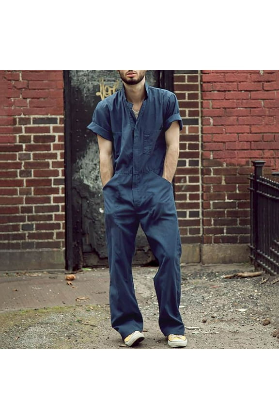 Overalls for Men Short Sleeve Work Coverall Lightweight Wide Leg Pants Rompers with Elastic Waist Solid Casual Dressy Overalls