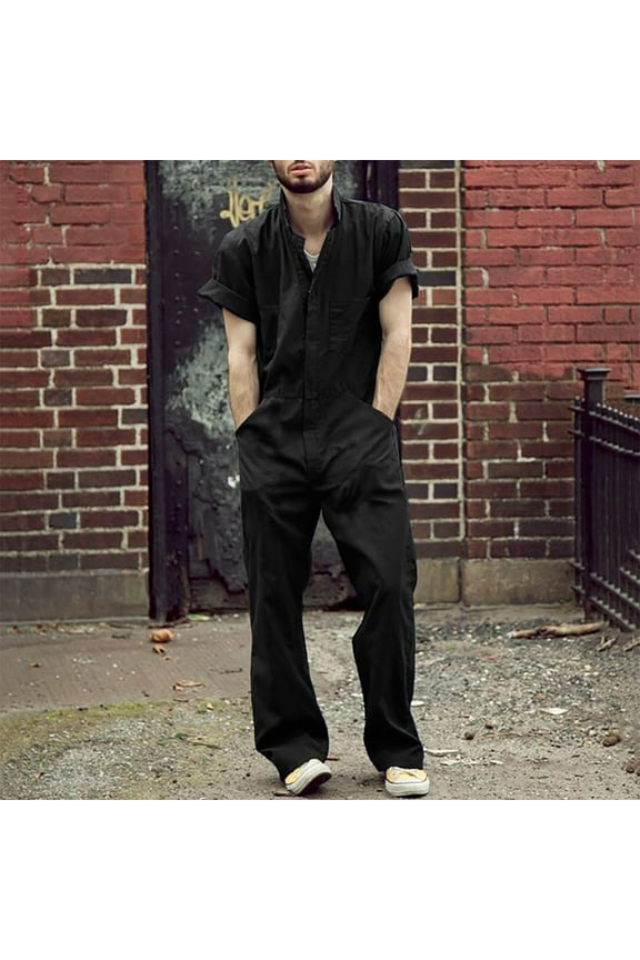 Overalls for Men Short Sleeve Work Coverall Lightweight Wide Leg Pants Rompers with Elastic Waist Solid Casual Dressy Overalls