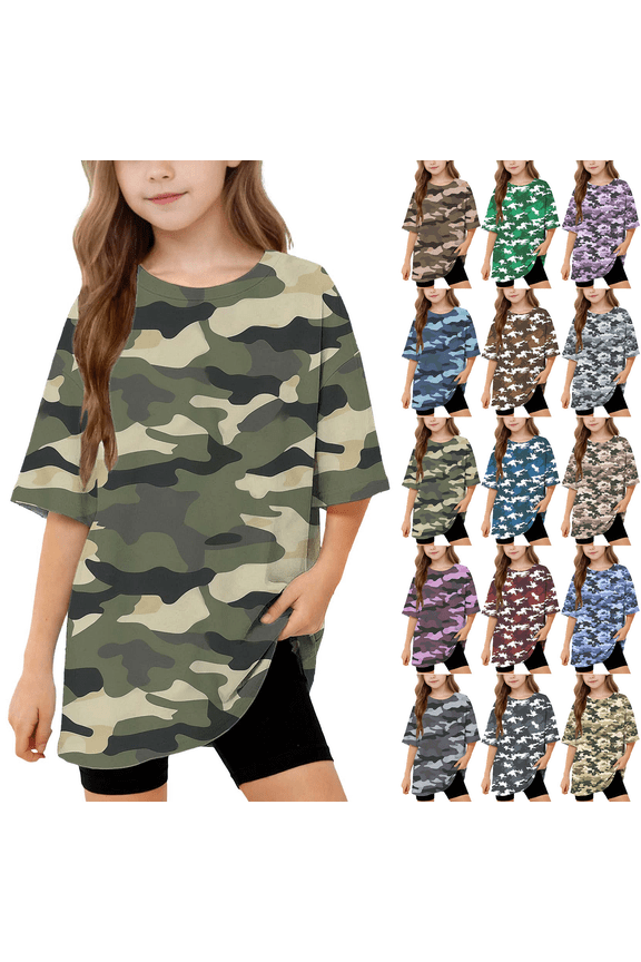 Overiszed Shirts for Girl 5-15Y Camo Print Short Sleeve Crew Neck Summer Tee Shirts Comfy Soft Kids Tops Clothes