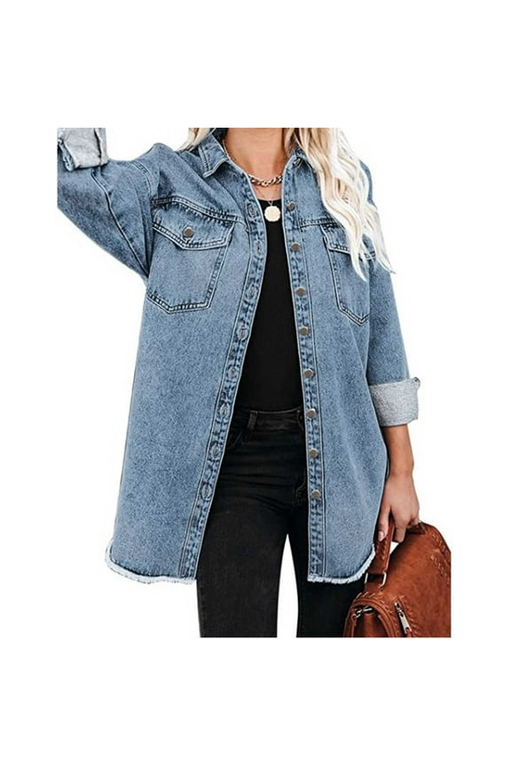 Oversized Denim Jacket Long Sleeve Distressed Boyfriend Jean Coat Button Down Lapel Jean Trucker Jacket for Women Girls