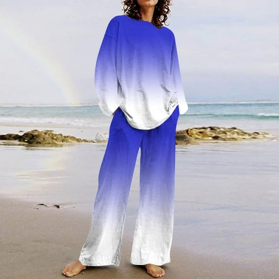 Wiyuqeen Oversized Sweatsuit Sets Women Drop Shoulder Long Sleeve Pullover & Wide Leg Pants Sets Pocket Soft Trendy Gradient Color Tracksuits Loose Fit Loungewear Sets