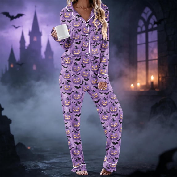 Wiyuqeen Pajama Sets for Women 2 Piece Halloween Pumpkin Button Down Pajamas Lapel Collared Long Sleeve Sleep Shirt and Pjs Pants S-3XL