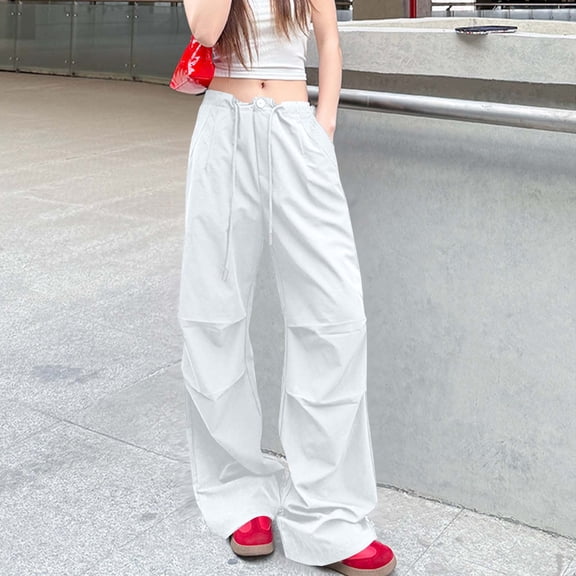 Wiyuqeen Parachute Pants for Women Cargo Pants Baggy Y2K Pants Drawstring Elastic Waist Sweatpants Solid Wide Leg Pants with Pokcet