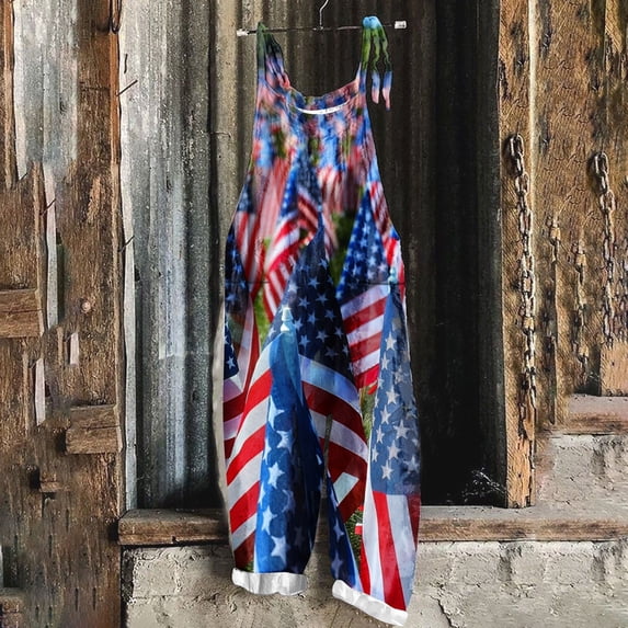 Wiyuqeen Patriotic Overalls for Women Casual Sleeveless Jumpsuits American Flag Linen Rompers Plus Size 4th of July Jumpers with Pocket