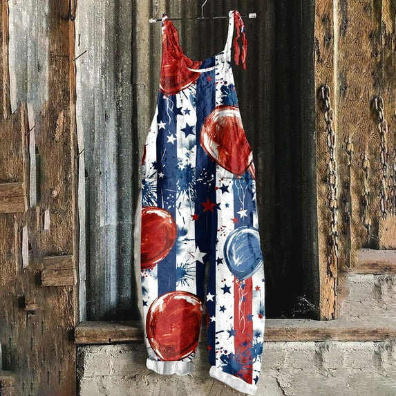 Wiyuqeen Patriotic Overalls for Women Linen Spaghetti Strap Jumpsuits Vintage American Flag Harem Rompers Plus Size Holiday Jumpers with Pocket