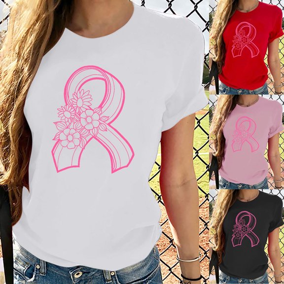 Wiyuqeen Pink Ribbon Shirts for Women Breast Cancer Shirt Funny Ribbon Graphic Tee Inspirational Breast Cancer Tops
