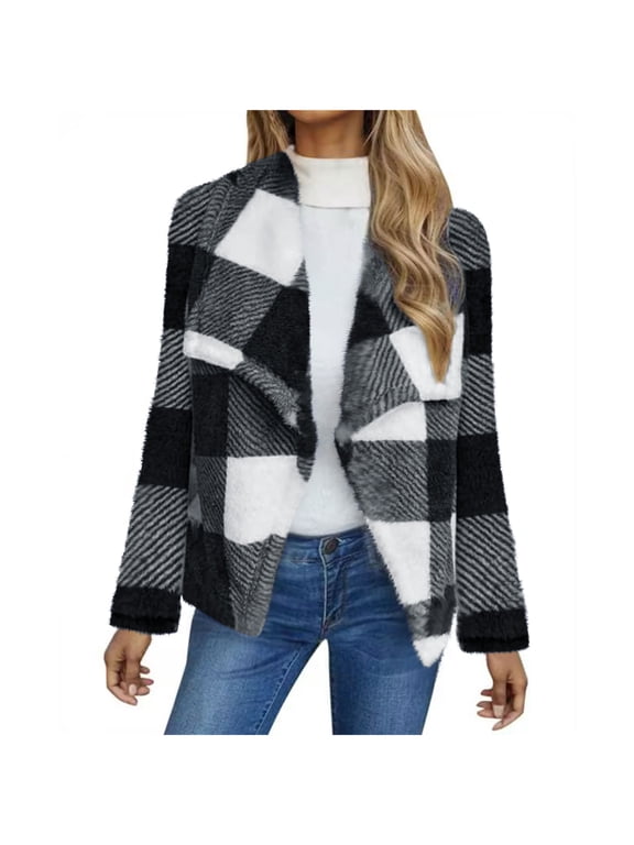 Plaid Big Shawl Collar Cardigan for Women Dressy Casual Open Front Coats Ladies Flannel Long Sleeve Plaid Outerwear