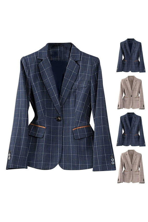 Plaid Blazer for Women Notch Collar Long Sleeve Business Casual Jacket Suits Plus Size Office Work Tunic Blazers with Pocket