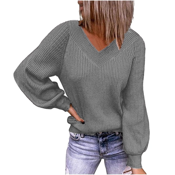 Wiyuqeen Plain Deep V Neck Sweaters for Women Casual Loose Fit Long Sleeve Pullover Sweaters Ladies Oversize Ribbed Knit Fall Tops Clothes
