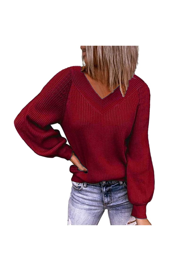 Plain Deep V Neck Sweaters for Women Casual Loose Fit Long Sleeve Pullover Sweaters Ladies Oversize Ribbed Knit Fall Tops Clothes