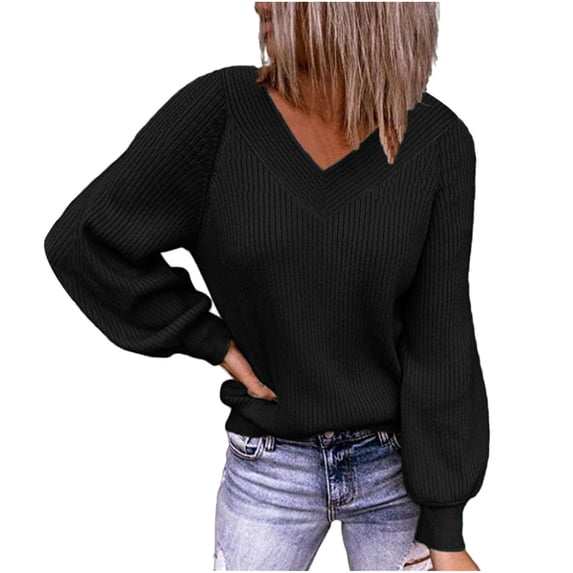 Wiyuqeen Plain Deep V Neck Sweaters for Women Casual Loose Fit Long Sleeve Pullover Sweaters Ladies Oversize Ribbed Knit Fall Tops Clothes